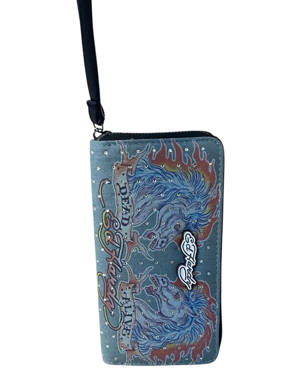 Ed Hardy Dead Alive denim wristlet wallet zip up horse print studded NWT